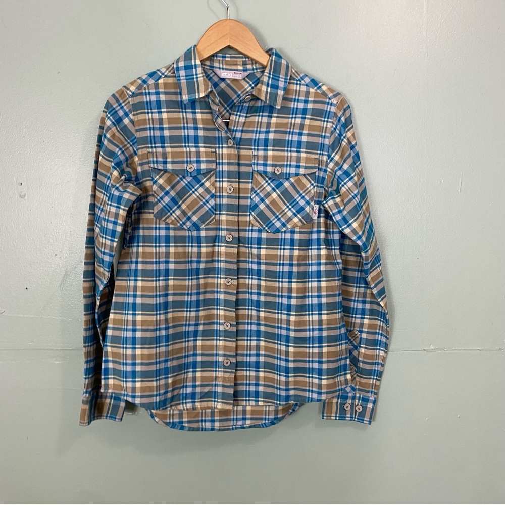 Stio Plaid Willow‎ Button Down Shirt Flannel Beige Blue Women’s Small